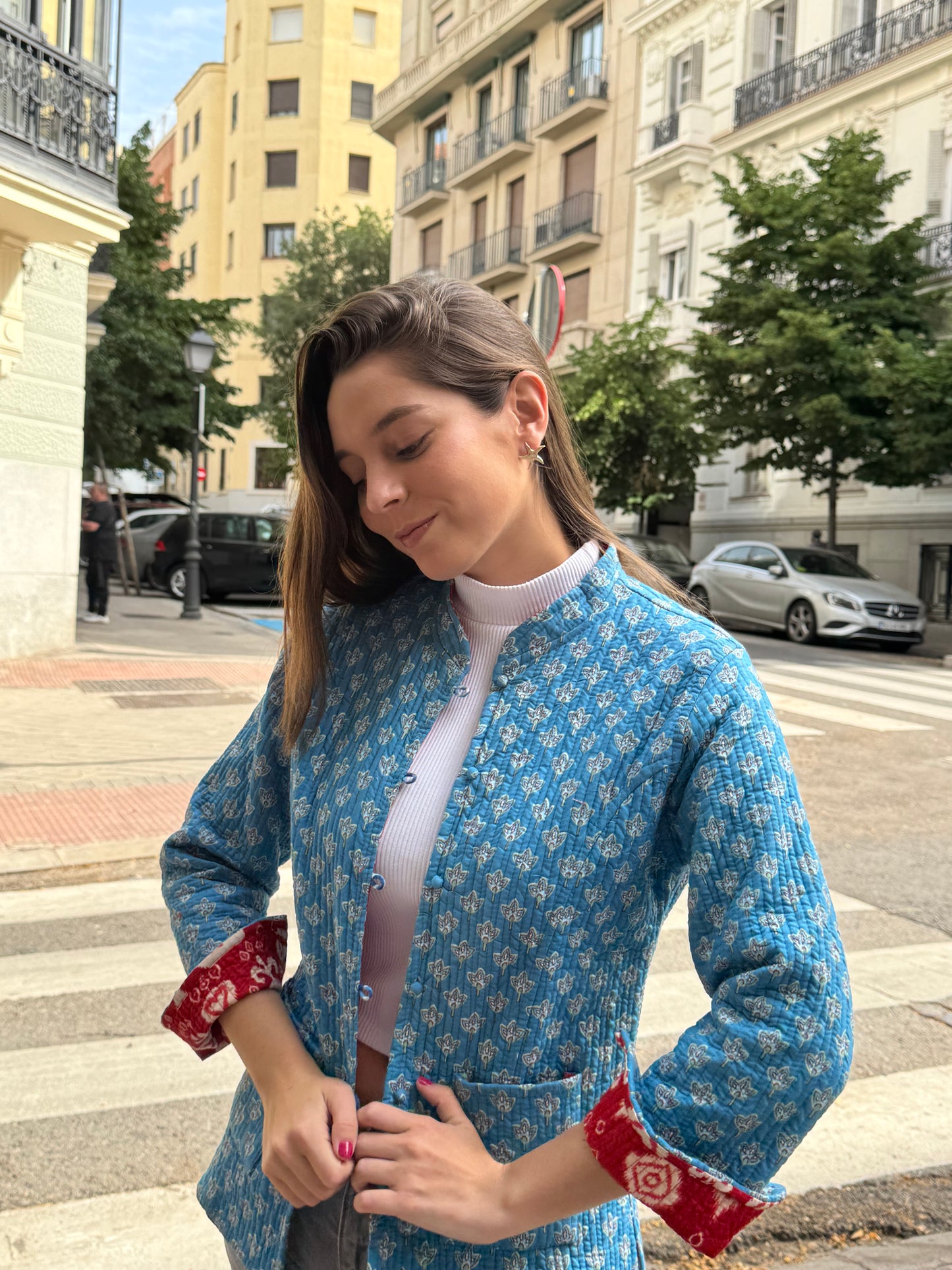 Casaca Reversible Maria turquesa y roja